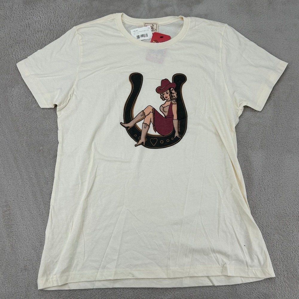 NWT Mischief Made Lady Luck Cowgirl Horseshoe Fitted Shirt Womens 2XL Ivory‎ USA